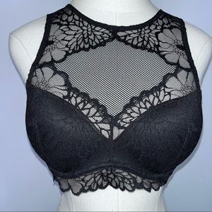 PINK VICTORIA’S SECRET Black Floral Lace High Neck Bralette Bra Small